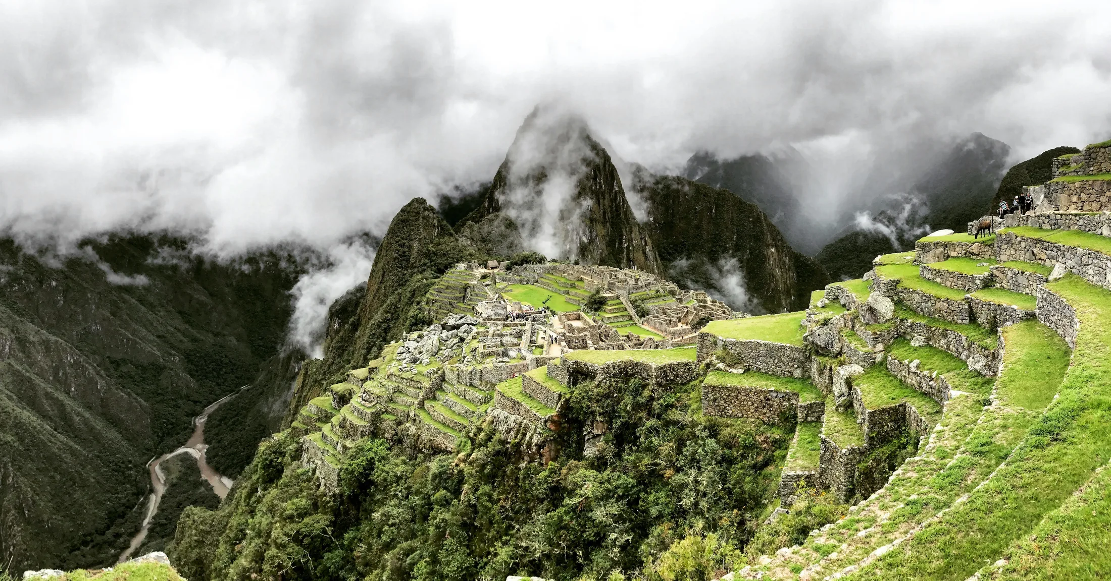 Machu Picchu among steep green mountains and cloud